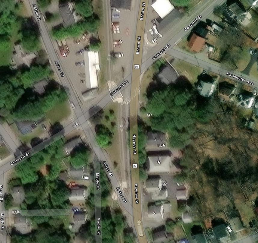 Overhead view of map of intersection between Haynes Street , Concord Street and Brown Street