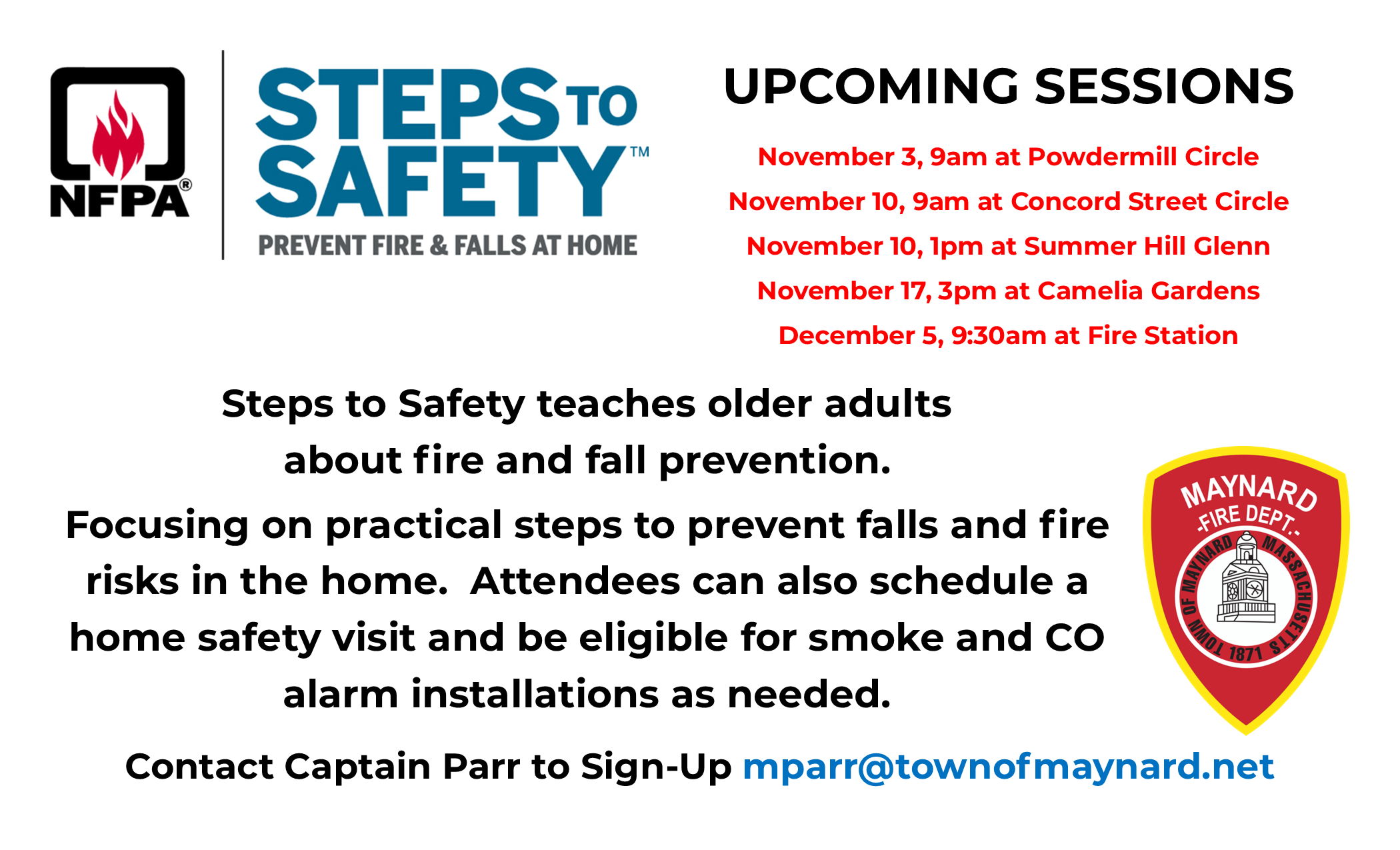 White background, black and red text regarding upcoming steps to safety sessions