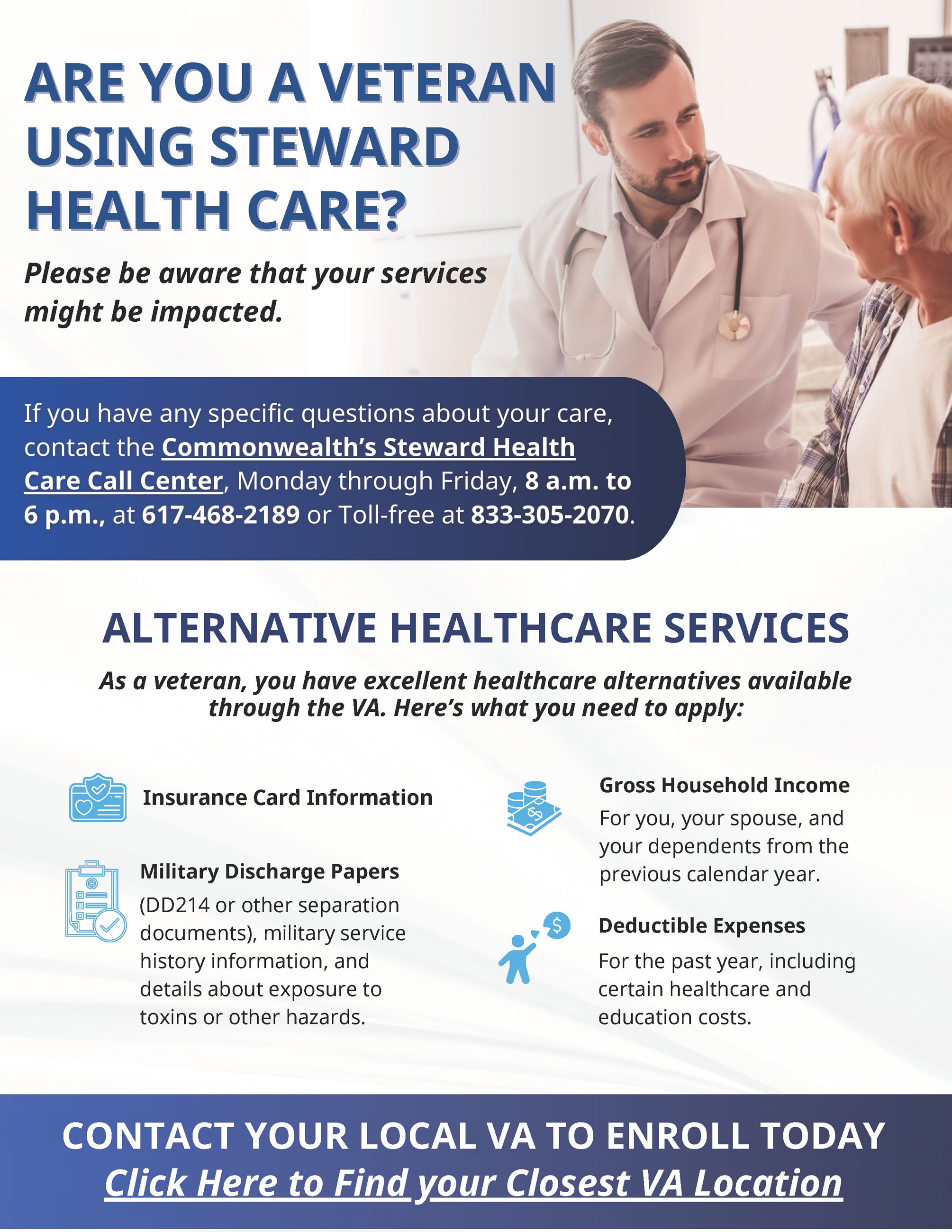 Image of flyer with doctor speaking with patient, text on Steward Health Care, Alternative Services