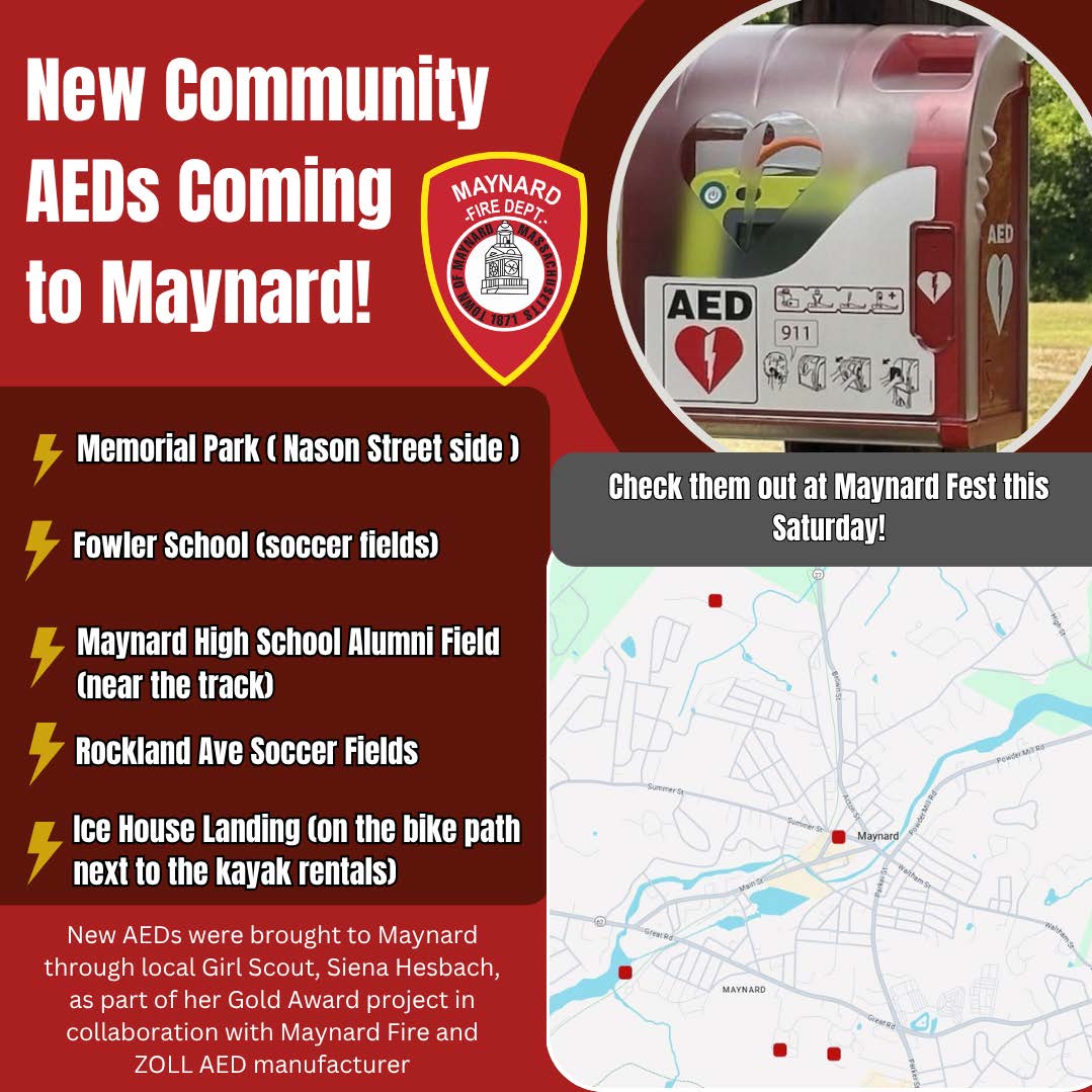 Image with red background and white text and a map showing new AED locations