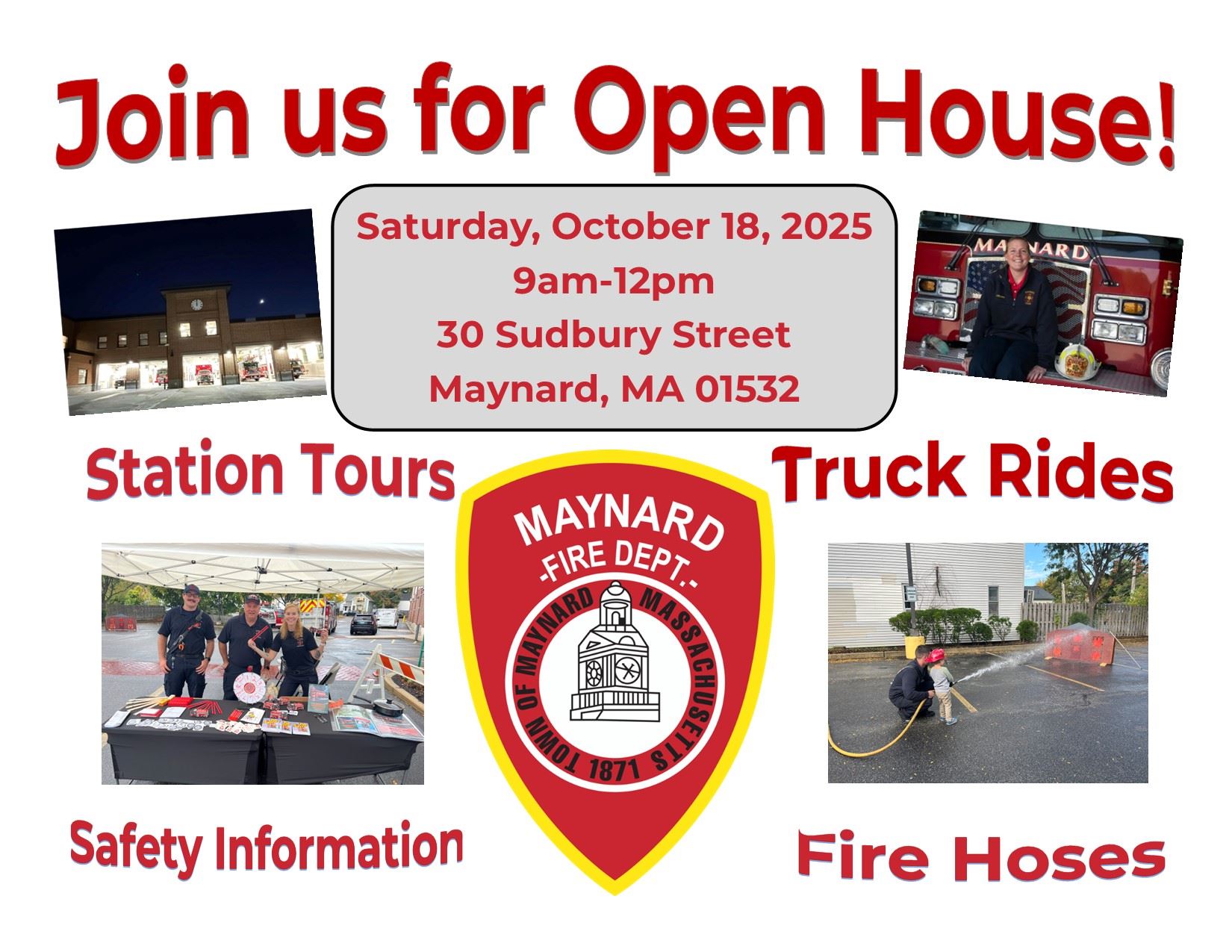 Flyer with white background, red text, about open house, Maynard Fire Department