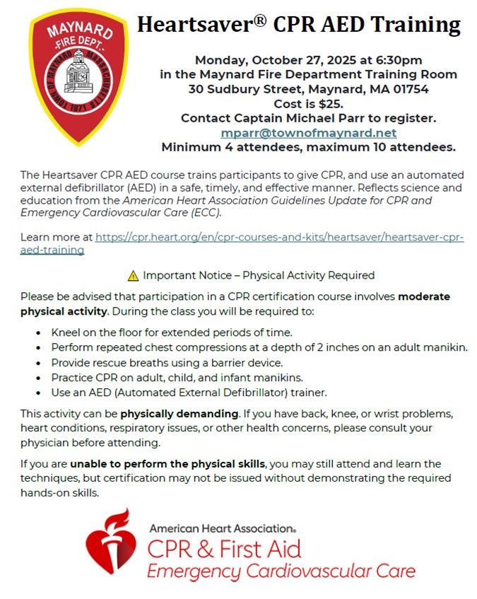 Flyer With white background, text about AED Training